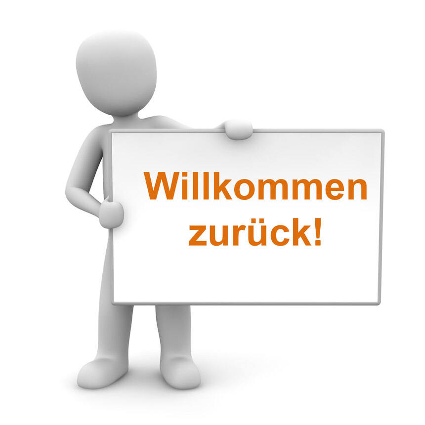 Grafik: 3-D-Figur hält Schild mit Schriftzug "Willkommen zurück!" nach oben.